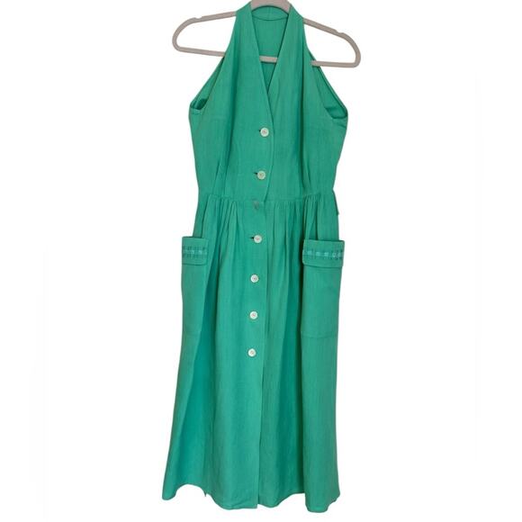 Elegant Green Halter Neck Linen Blend Dress Maxi Dress - Picture 1 of 9